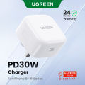 UGREEN PD 30W USB C Wall Charger - PD Fast Charger Type-C Power Adapter Compatible for iPhone 16 15 Pro Max iPhone 16 15 Plus, Samsung Galaxy S25 S24 Ultra, iPad Mini/Pro, Huawei Fast QC 4.0 Pixel 7 Airpods. 