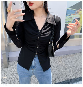 REHIN Autumn New Pullover Mesh Shirt with Slim Fit Elegant Long Sleeve T-shirt solid Color Lapel Womens Top