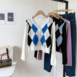 AN-3216 Korean V-Neck Retro Full-sleeve Cardigans Argyle Sweater Knitted Tops Jacket Single Breasted Sweater Office Wear Summer Spring