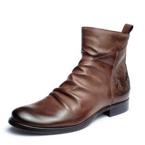 SUPERLI Men Boots Leather Zipper Autumn Retro Style Badge Embroidery Ankle Army Knights Boots For Men