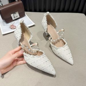 High Heels Womens Stiletto Pearl Line Strap Hollow Single Shoes Fairy Temperament with Skirt Fashion Womens Shoes
