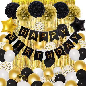 [SG Seller]Birthday Decorations for Men Women Black and Gold Balloons Party Decorations Happy Birthday Banner Tassels Metallic Fringe Curtains  Happy New Year Birthday Decorations Supplies