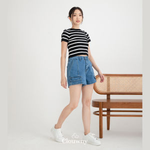 Clouwny Plush Pocket Short Denim Celana Jeans Pendek Wanita Korean Look