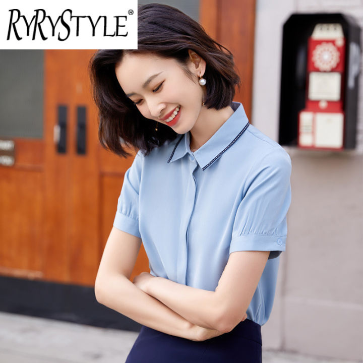 RYRYSTYLE Spring and summer new blue lapel short sleeved shirt for
