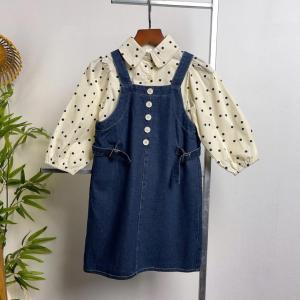 Set váy cho bé gái 5-10 tuổi đính 5 cúc váy vải bò phong cách Hàn Quốc kiểu dáng thời trang