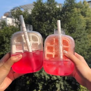 2 in1 Ice Cube Maker Bottle With Straw Ice Cube Molder Ice Lattice Tray Food-Grade Silicone Push-Type Ice Tray Mold Household Ice Storage And Ice Making Box With Lid Cube Maker Ball Mold Summer Cold Drinking Kettle