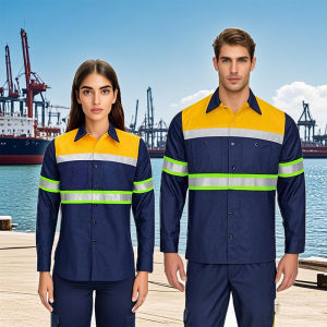 เสื้อทำงานผู้ชายคุณภาพสูง สีน้ำเงินเข้ม ใส่แถบสะท้อนแสงสีเหลือง-เขียวมะนาว สำหรับงานกลางแจ้ง