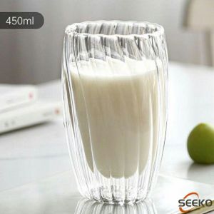 Seeko 250ml 350ml 450ml Double Wall Transparent Glass Coffee Mug Heat Resitant Tea Mug Stripe Shape