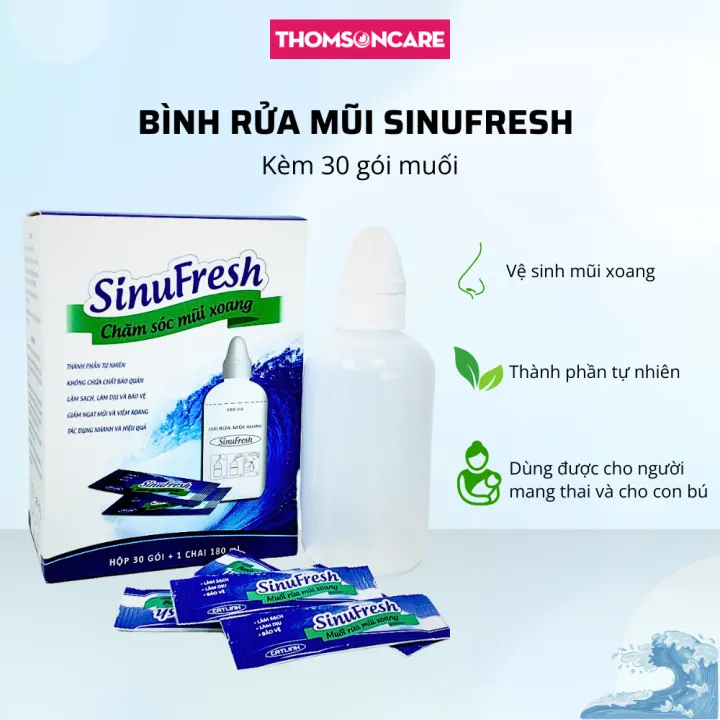 Bình rửa mũi Sinufresh kèm 30 gói muối hỗ trợ vệ sinh mũi giảm khô mũi, ngạt mũi, chảy nước mũi