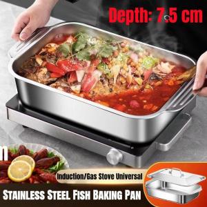 Stainless Steel Grilled Fish Pan with Lid Rectangular Roaster Pan Large Capacity Non-Stick Baking Tray Gas Induction Cooker