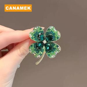 【CANAMEK】 Fashion Rhinestone Clover Brooches Women Clothing Coat Jewelry Party Accessories
