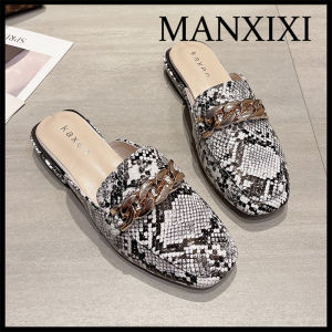MANXIXI Fashion Loafers Beautiful Gold Chain Snake Skin Patten Mules Sandals For Women (Size 35-43)