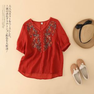 Woey summer new arrival stylish plus size embroidery cotton linen shirt WOMENS V-neck slim fit pullovers blouse tee