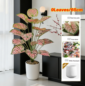 【Send flower pots】Red Leaf Artificial Flower  Artificial Plants with pot 18 leaves 85cm/24 leaves 110cm Artificial Palm Leaves artificial fiddle plant Monstera plant Fiddle Leaf Fig Tree Ficus Lyrata Plant For Indoor House Home Wedding Office Decoration