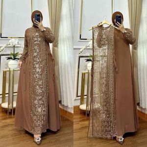 Gamis Set Outer Untuk Kondangan Wilona Dres Ceruty Babydoll Mix Brukat M L XL XXL 3XL Dress Brokat Premium Mewah Elegan Kekinian Baju Muslim Lebaran Terbaru Viral Jumbo