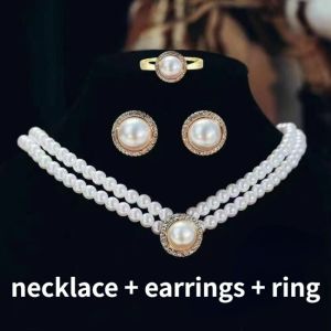 ชุดต่างหูสร้อยคอไข่มุกแฟชั่นสองชั้นเกาหลีสำหรับเจ้าสาวชุดแต่งงานที่หรูหราคอลูกไม้เครื่องประดับชุดต่างหูสำหรับผู้หญิง