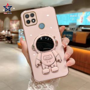 For OPPO A15S A15 A16 A54 4G A12 A7 A5S A5 2020 A9 2020 A53 A31 A92 A52 A72 3D Cartoon Fashion Cute Square Electroplating Astronaut Phone Case with Stand Holder Soft Shockproof Protective Back Cover