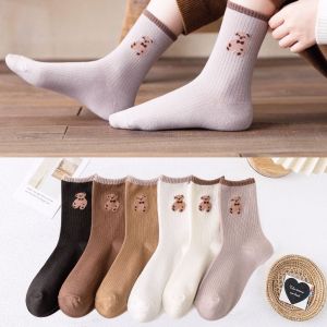 5Pairs Cartoon Bear Middle Tube Socks Girl Calf High Socks Daily Casual Long Crew Socks Street