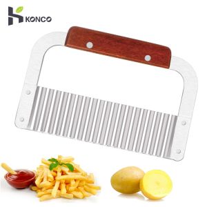 Potato Chip Slicer Stainless Steel French Fries Wave Knife Dough Vegetable Fruit Crinkle Wavy Slicer with Wooden Handle
