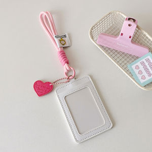 Solid Color PU ID card holder Korean version with heart-shaped pendant dual card slots for work ID student access card bus card meal card
