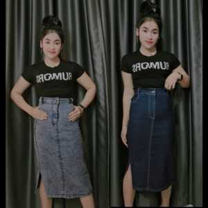 P&G JEANS - Knee Lenght Highwaist Jeans Skirt Span 7/8 Rok Belah Samping