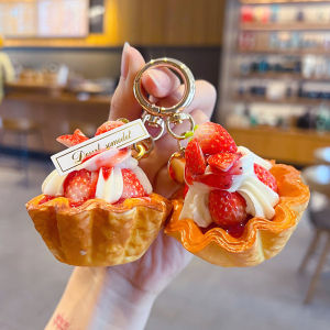 JJT Realistic Strawberry Tart Keychain Decorative Sweet Food Pendant for Bag and Keys