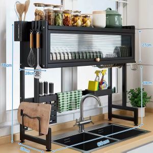 Stainless Steel Dish Rack Kitchen Organizer Sink Drainer With Cover Rust Proof Heavy Duty Storage Cabinet Multi Functional