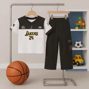 Setelan Sporty Anak Laki-Laki Lakers Jersey & Cargo Pants Cotton 3-12 Tahun