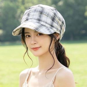 Vintage Looking Plaid Pleated Equestrian Hat British Style Solid Color Peaked Flat Cap Versatile Sunshade Sun Protection Hat