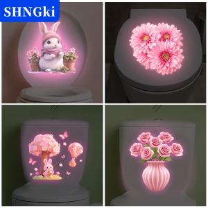 SHNGki GLOW-in-the-Dark Hoa Thỏ nhà vệ sinh Nắp Decal tự dính có thể tháo rời nhà vệ sinh nhãn dán tường nhà tắm trang trí nội thất