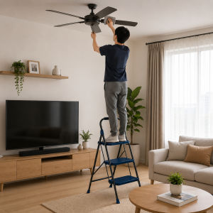 Locaupin 3 Steps Ladder Black Aluminum Alloy Light Weight Folding with Anti-Slip & Wide Pedal for Home and Kitchen Space Saving