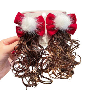 【COD&Local】Kids Girls Wig Hair Clips Chinese Style New Year Christmas Hairpin Bowknot Pearl Rhinestone Hairy Furry Balls Decor Barrettes