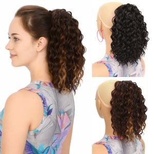 NOVELLEO Afro Curls Deep Wavy Curly Ponytail Ombre Ponytail Extension Pony Tail Hairpiece Heat Resistant Fiber Fake Drawstring Ponytail Wig American