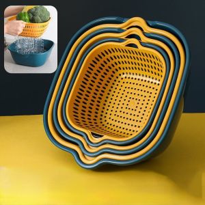 6PCS Kitchen Double Drain Baskets Fruit and Vegetable Wash Filters Utility Drainers Kitchen Supplies Accessories
