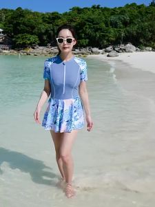 Women Modest Bathing Suit Short Sleeve Tummy Control Swimdress Zipper Surfing Athletic Rash Guard Swimming Skirt