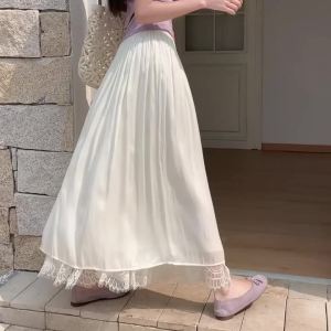 Lace Lining Spring Summer Womens Midi Long Skirts Korea Style Lolita Mesh Skirt Mori Girl Cute High Waisted Pleated Skirt