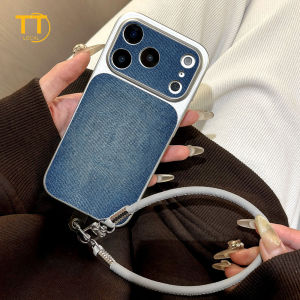 Tri-Town Simple Denim Pattern Design Leather Phone Case For iPhone 11 17 15 14 13 12 Pro Max 15 16 Pro Max Cover with Phone Strap #EY39