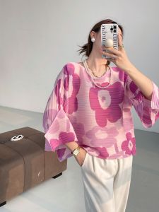 92987 One Size (45-75kg) Miyake Spring Printed Pleated T-Shirt Lantern Sleeve Loose Slimming Elegant Top For Women