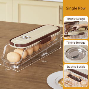 Vision Automatic Scrolling Egg Holder with Handle Refrigerator Egg Storage Box with Time Scale Kitchen Roll Off Egg Storage Rack Large Capacity Egg Organizer