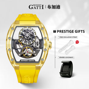 BONEST GATTI 2025 New Men Mechanical Watch Tonneau Crystal Case Skeleton Rubber Strap Light Luxury Luminous Wristwatch