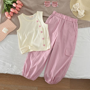 Menoea Baby Girl New Summer Clothing Set Solid Color Button Decoration Sleeveless Vest+Pink Casual Pants 3-7 Years Children Wear
