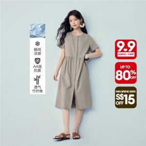 Giordano Women Dress Cool-Tech Woven Round Neck Antibacterial Midi Slight Stretch Free Shipping 05466335