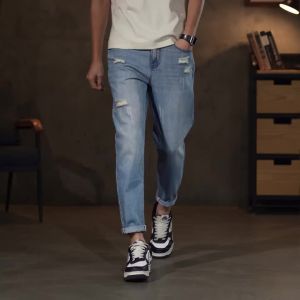 Summer Thin Ripped Jeans Mens Straight Breathable Washed Denim Trousers Casual Streetwear Harlen Ankle Length Pants Light Blue2026