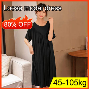 Natural Modal Loose Nightgown Womens Solid Color Round Neck Long Sleeve Mid Length Dresses
