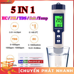 Bút đo độ mặn của nước 5 trong 1 pH/TDS/EC/độ mặn/nhiệt độ kèm pH chuẩn （Gửi đi miễn phí Pin）HomeAid Bút Kiểm Tra Độ PH/TDS/EC/Độ MặN/Nhiệt