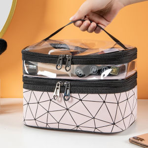 กระเป๋าใส่เครื่องสำอางแบบสองชั้นสำหรับผู้หญิง กระเป๋าใส่เครื่องสำอางลายน้ำแข็งแฟชั่นกันน้ำ PU แป้งจัดระเบียบกระเป๋าเดินทาง