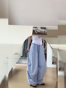 Quần âu nữ sọc xanh nhạt retro Mỹ 2025 Quần Cargo ống rộng dáng thẳng mới mùa hè giúp