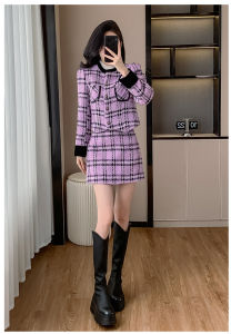 MQTZ08 French style small fragrance set autumn temperament and western-style age reducing plaid top and skirt two-piece set