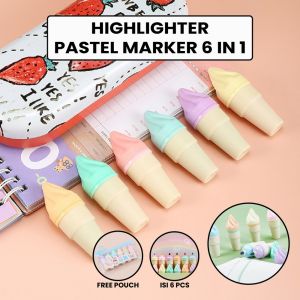 MD-A57 Highlighter Pen Es Krim Cone Monas 6 in 1 Free Pouch Penanda Berwarna / Spidol Highlighter Model Ice Cream Cone Unik Alat Tulis kantor Stationery