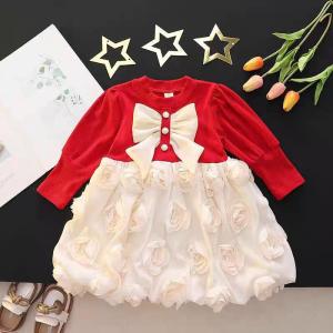 X BABY Dress Gaun Lengan Panjang Anak Perempuan Katun Polos O-Neck Pita Kancing Rok Bunga 3D Long Skirt Elegan Style